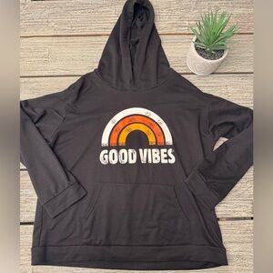Women's Black Graphic Design Hoodie with Good Vibes Rainbow Design, Sz Large